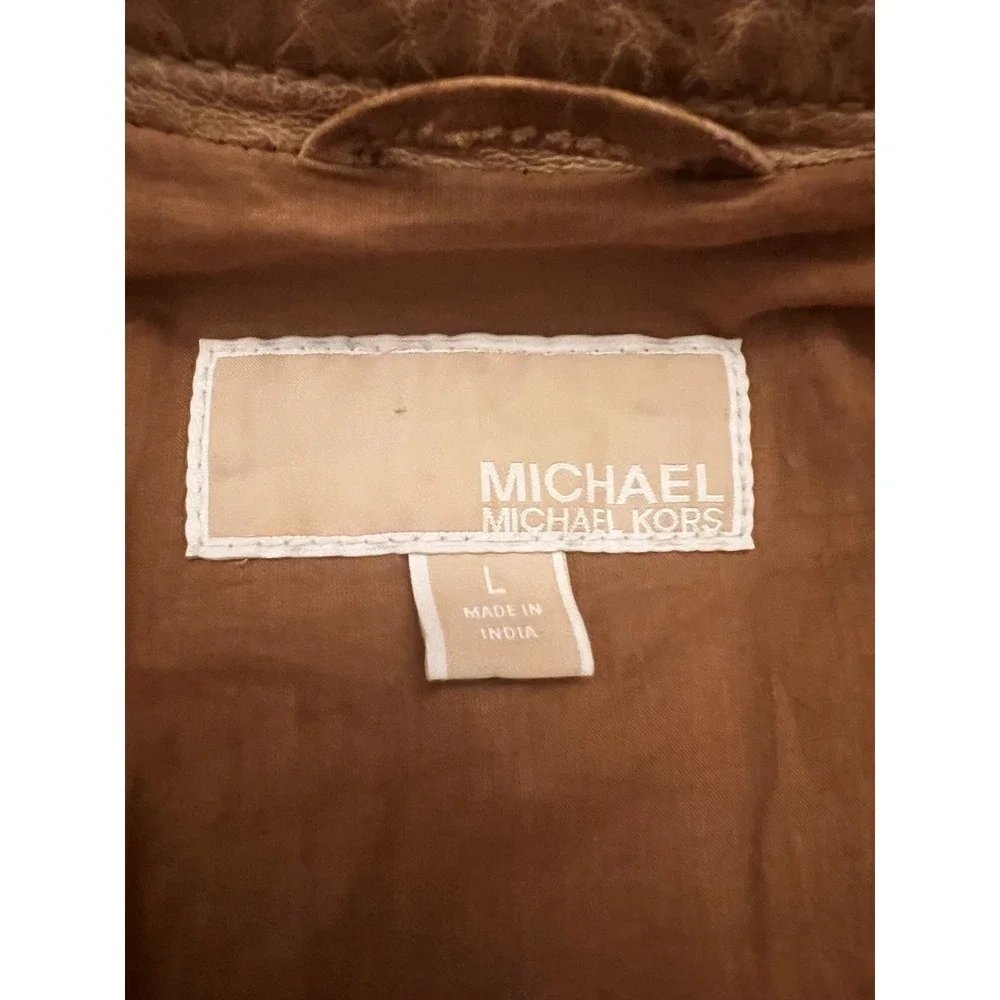 MICHAEL KORS Leather Moto Jacket Cafe Racer Zipped Sleeve Pocket Cognac Brown Lg